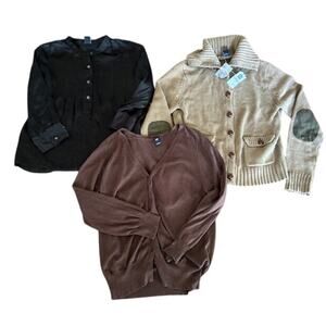 GAP Women's Bundle 3 Tops Size L: Patch Pocket Cardigan,  Blouse, and Button-Up